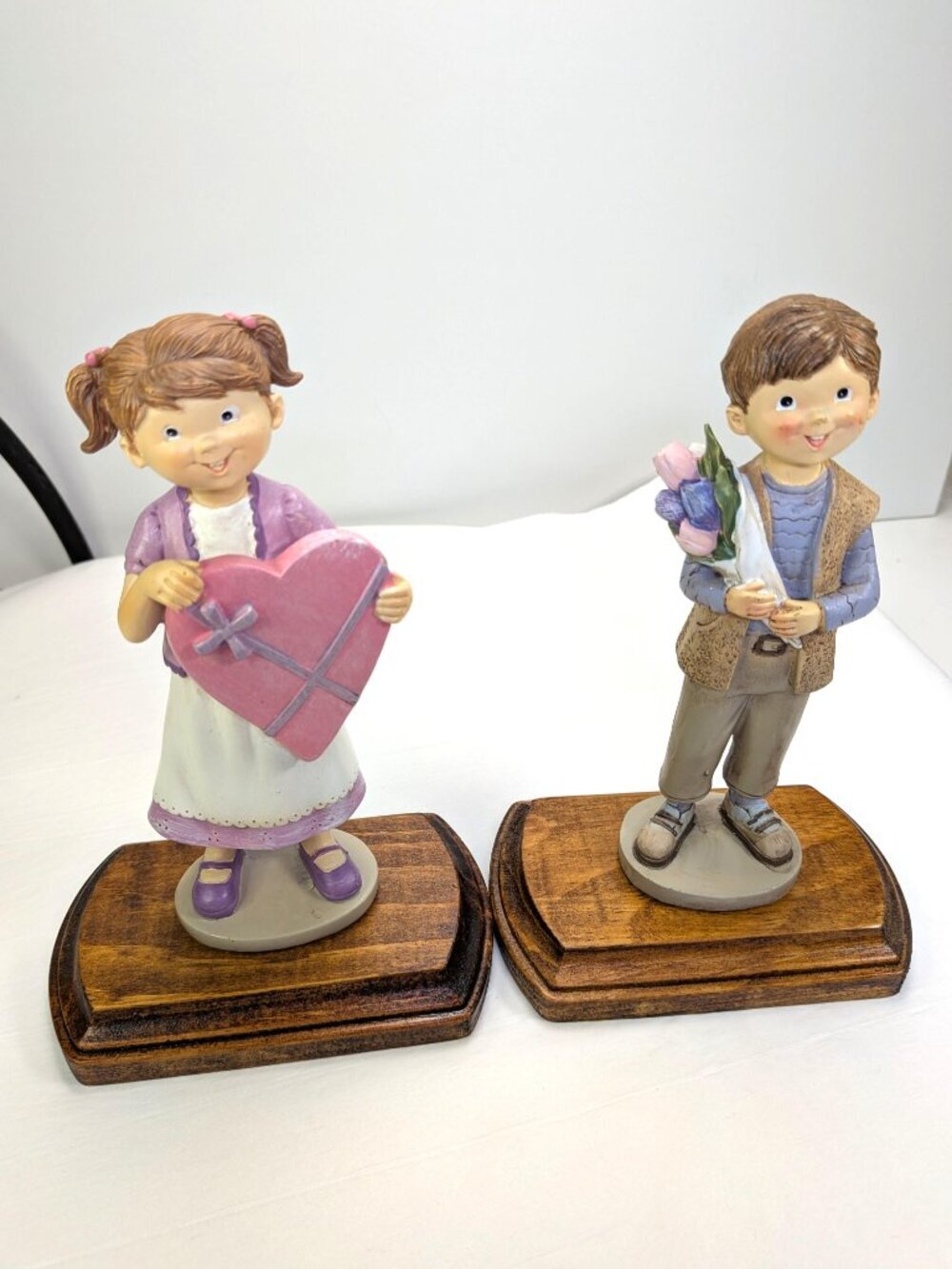 Vintage Figurine Set Boy with Flowers & Girl with Heart Gift, 6.5", & Wood Bases